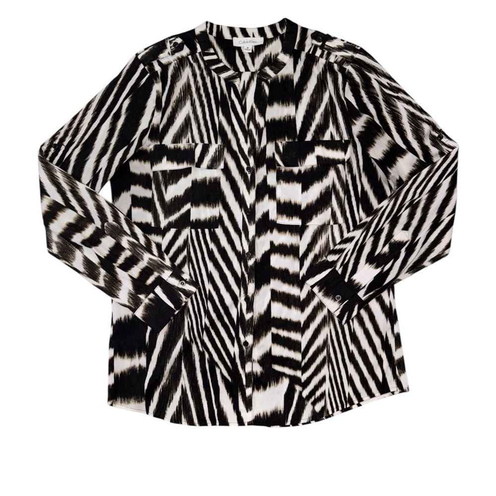 Calvin Klein Brown & White Striped Animal Print Lightweight Button Down Shirt M